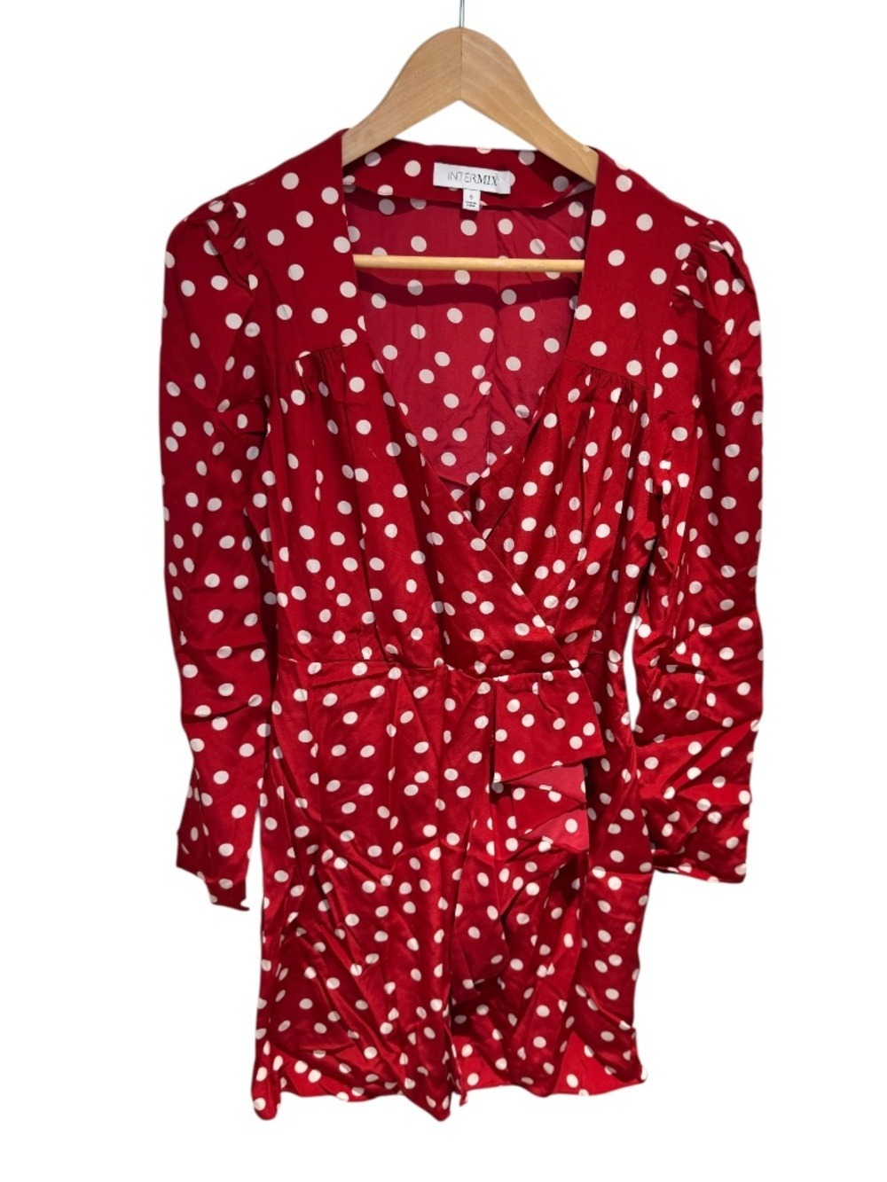 INTERMIX red & white polka dot silk faux wrap mini dress - size 6